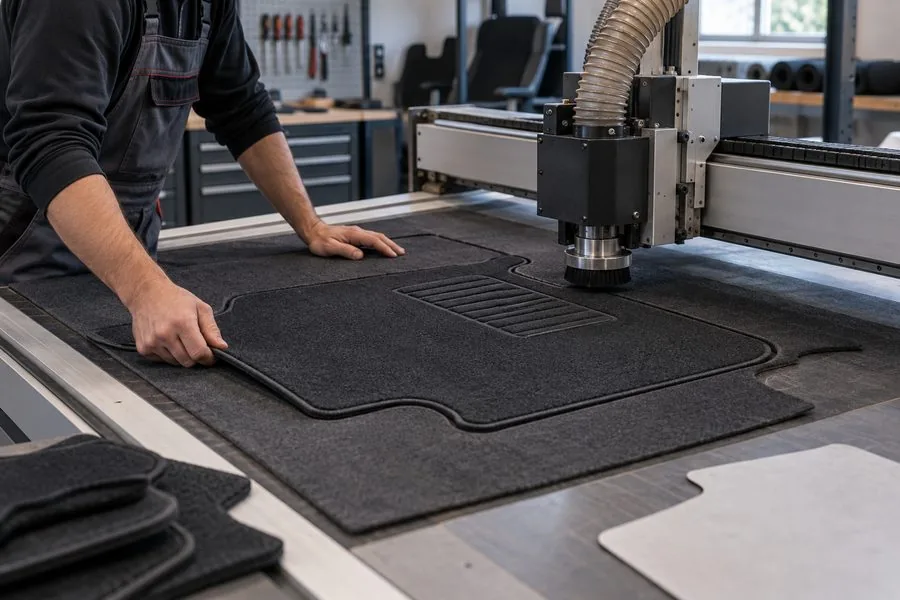 Taglio di un tappetino su misura nel laboratorio Retarpettini